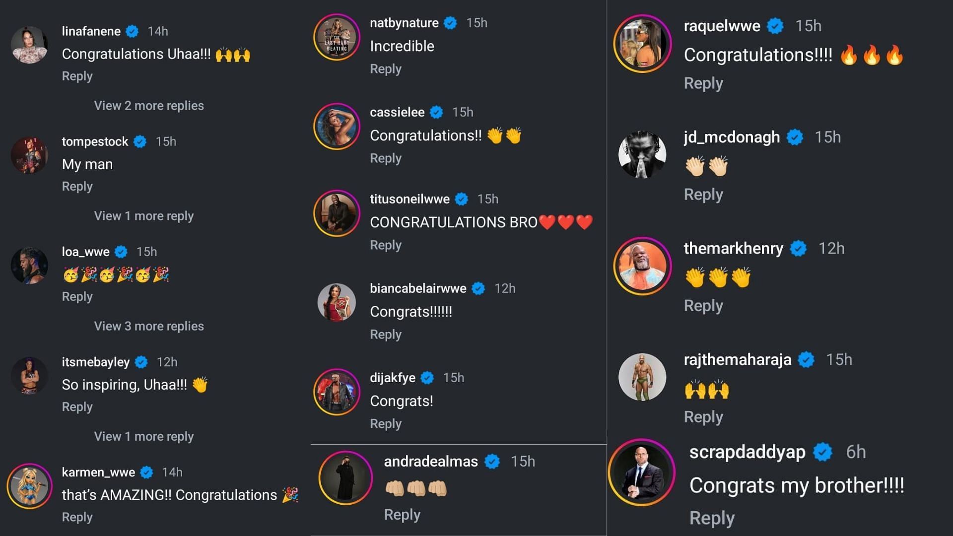 Several stars commented on Apollo Crews' Instagram post.